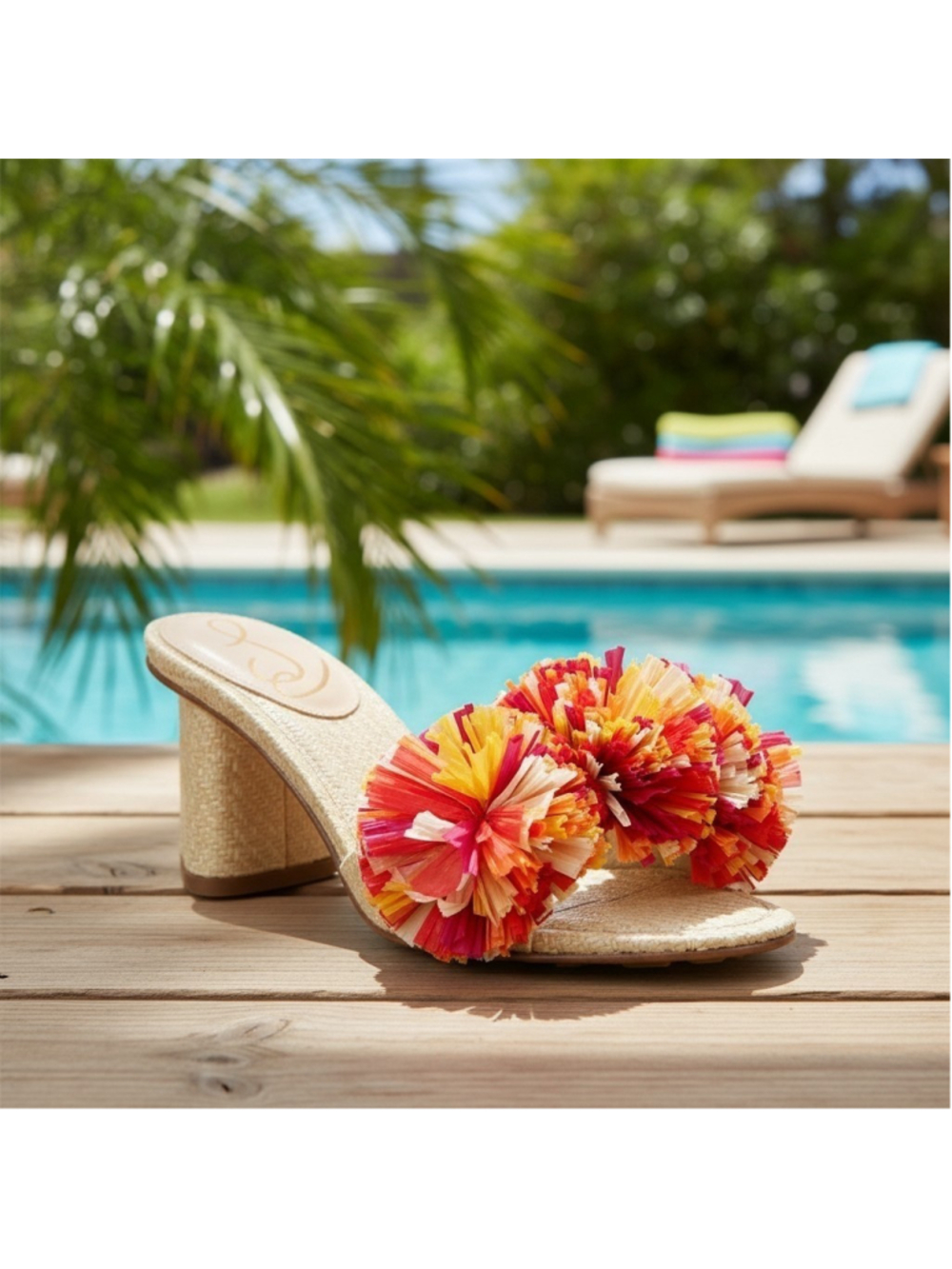 Sam Edelman Olia Slip on Sandals Mules Sz 7 M Multi Red Beige Pom Pom Sand Linen